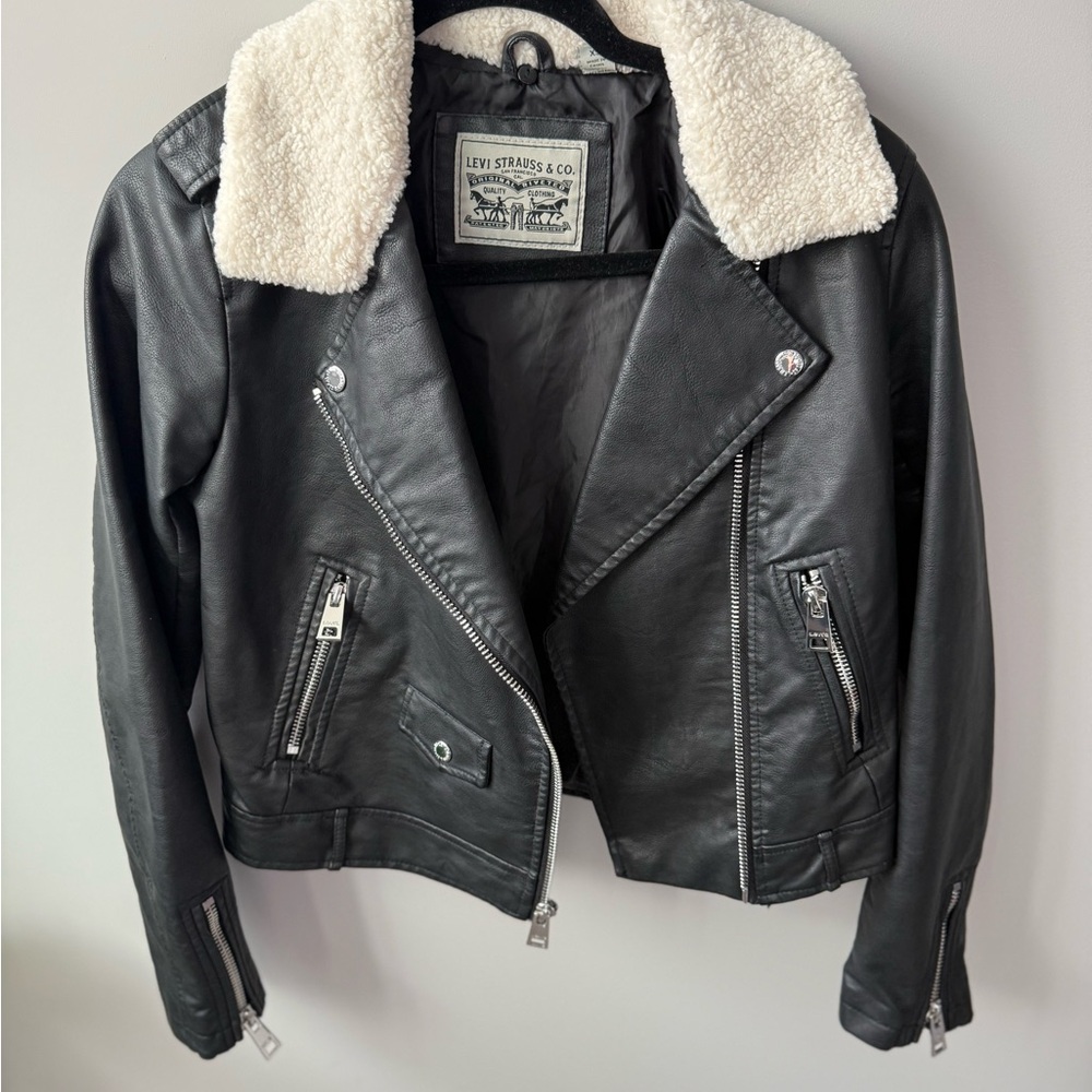 Levi's Women's Black Leather Jacket with White Collar